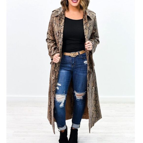 Vegan Leather Snakeskin Full Length Trench Coat - Picture 5 of 16